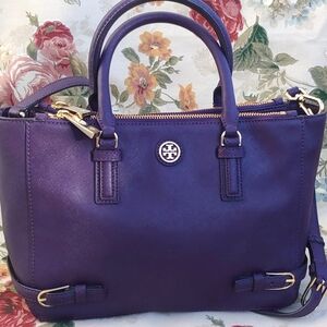 Tory Burch Saffiano Leather Tote Satchel in Purple Iris with Strap